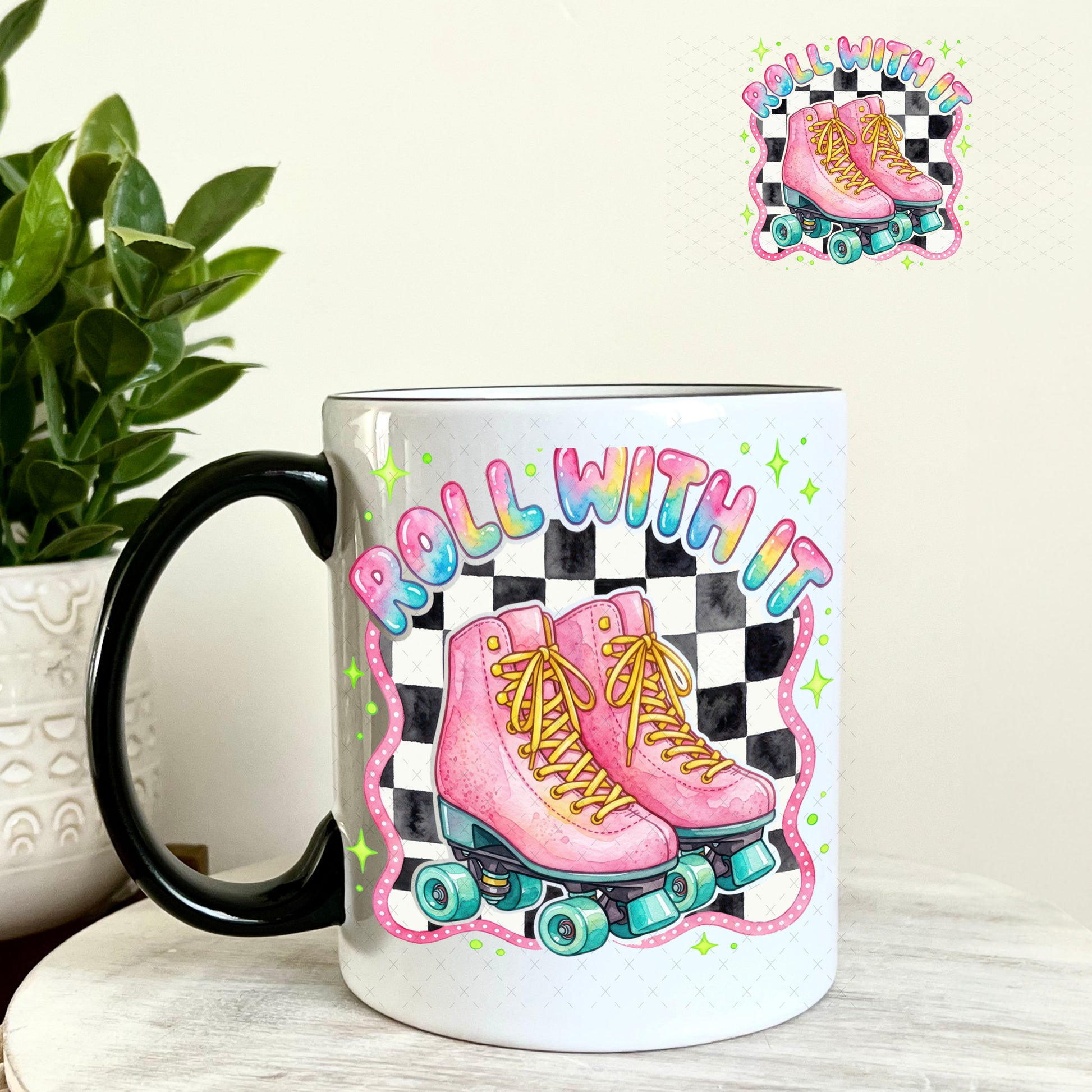 UV DTF Decal - Roll With It Pink and Teal 11oz Coffee Mug Weefers