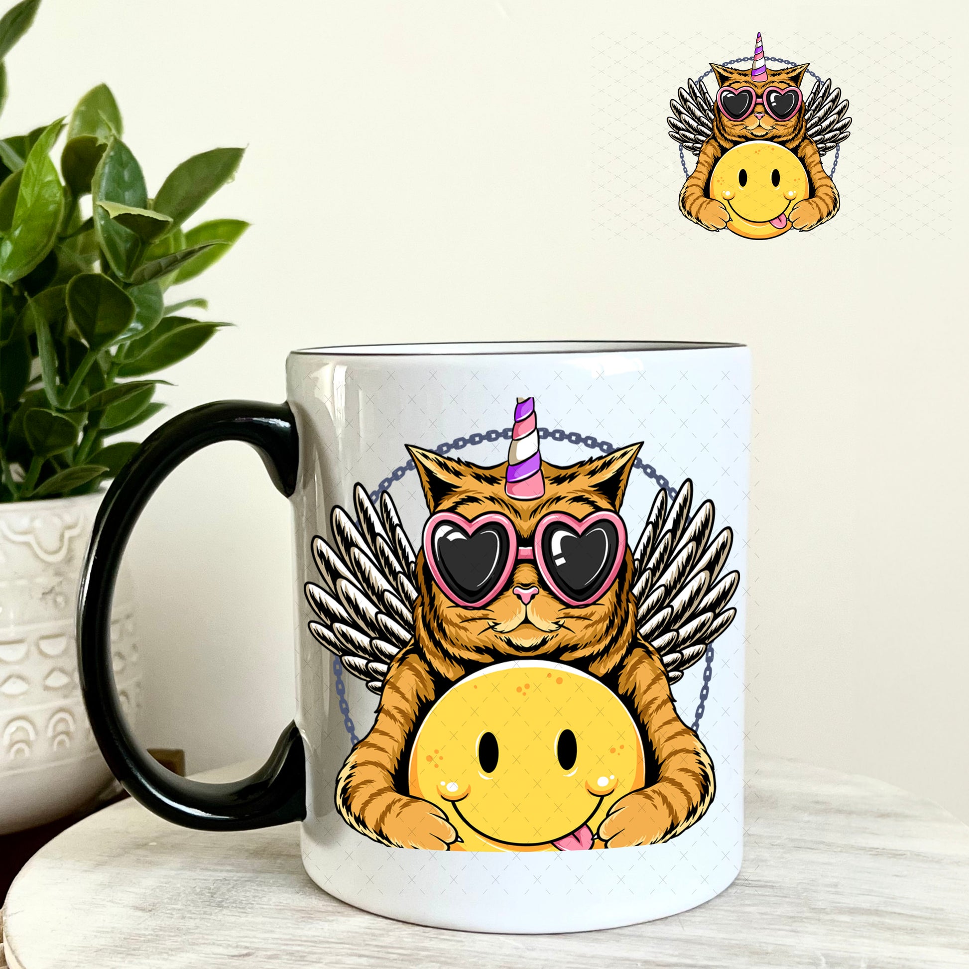 UV DTF Decal - Cat Hugging Smiley Face 11oz Coffee Mug Weefers