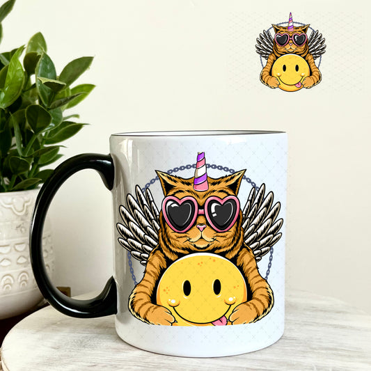 UV DTF Decal - Cat Hugging Smiley Face 11oz Coffee Mug Weefers