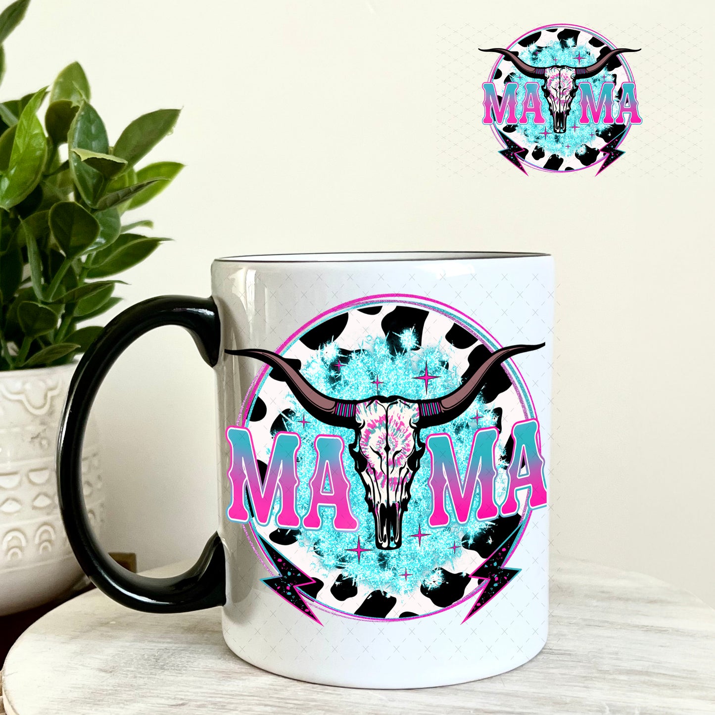 UV DTF Decal - Mama Cow Skull Teal and Pink 11oz Coffee Mug Weefers