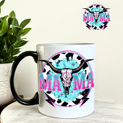 UV DTF Decal - Mama Cow Skull Teal and Pink 11oz Coffee Mug Weefers