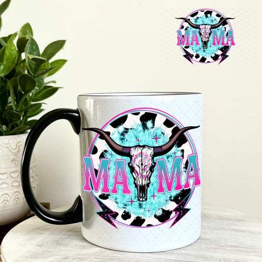 UV DTF Decal - Mama Cow Skull Teal and Pink 11oz Coffee Mug Weefers