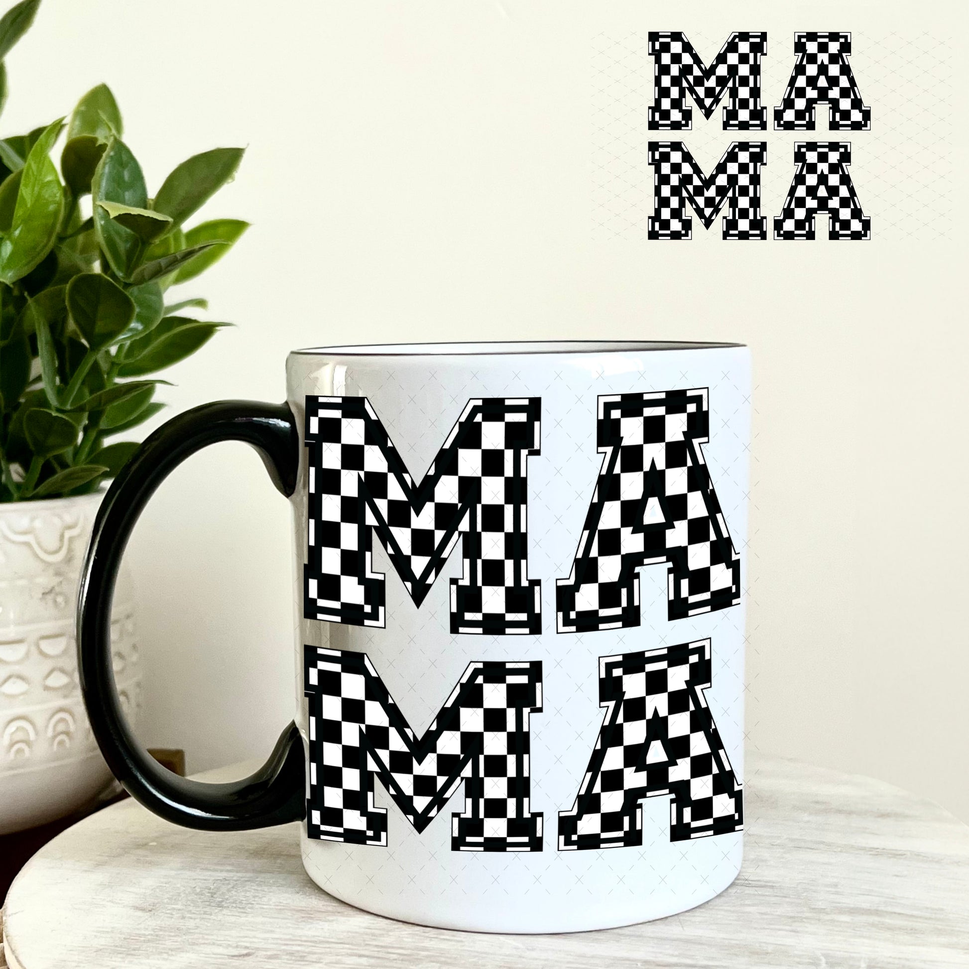 UV DTF Decal - Mama Stacked Black and White Checkered 11oz Coffee Mug Weefers