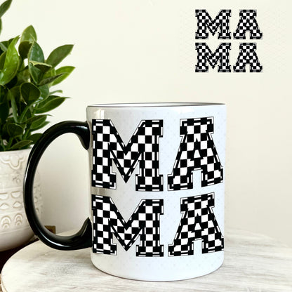 UV DTF Decal - Mama Stacked Black and White Checkered 11oz Coffee Mug Weefers
