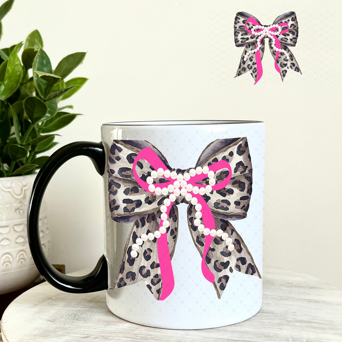 UV DTF Decal - Black Pink Pearl Leopard Bow 11oz Coffee Mug Weefers