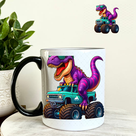 UV DTF Decal - Purple Dinosaur Monster Truck 11oz Coffee Mug Weefers