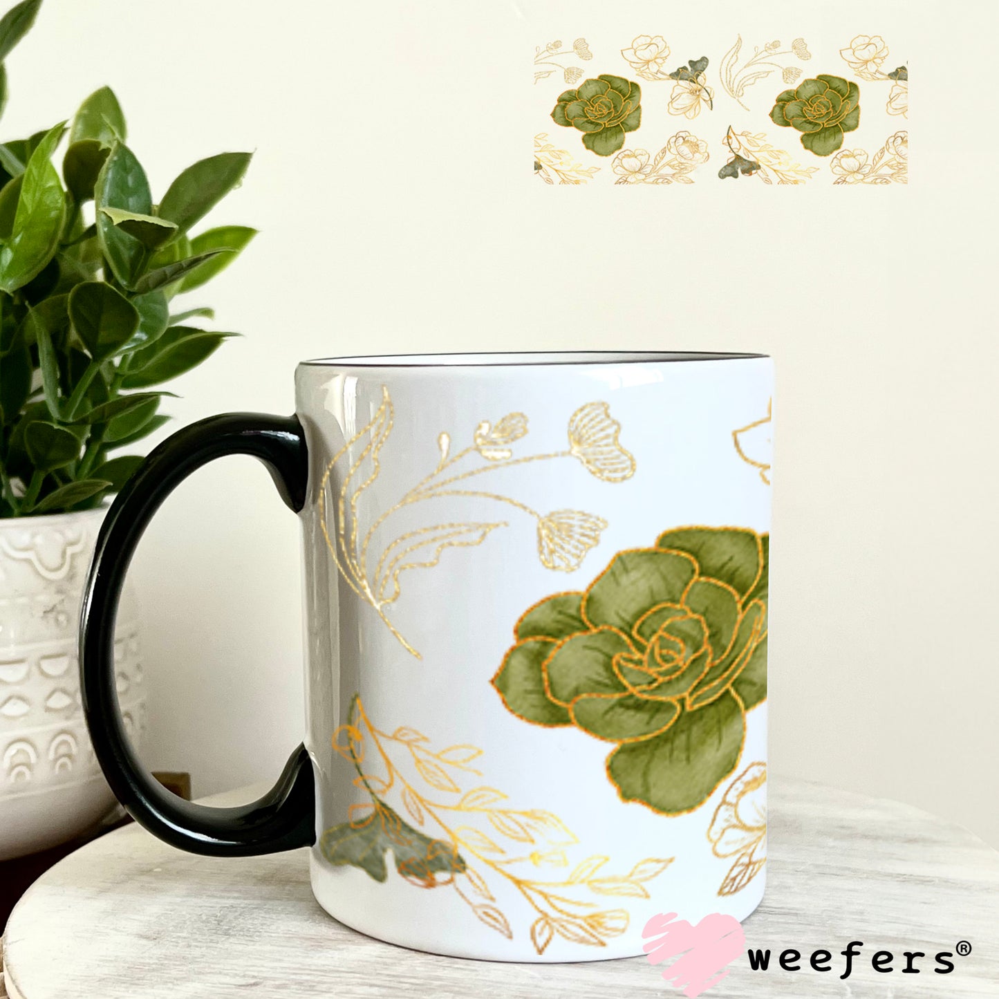 UV DTF Cup Wrap – Gold and Green Roses 11oz Coffee Mug Weefers
