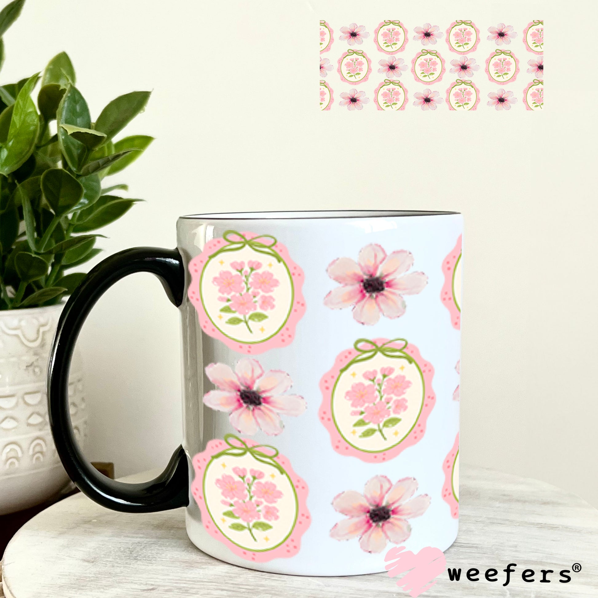 UV DTF Cup Wrap – Classic Elegance Pink Flowers 11oz Coffee Mug Weefers