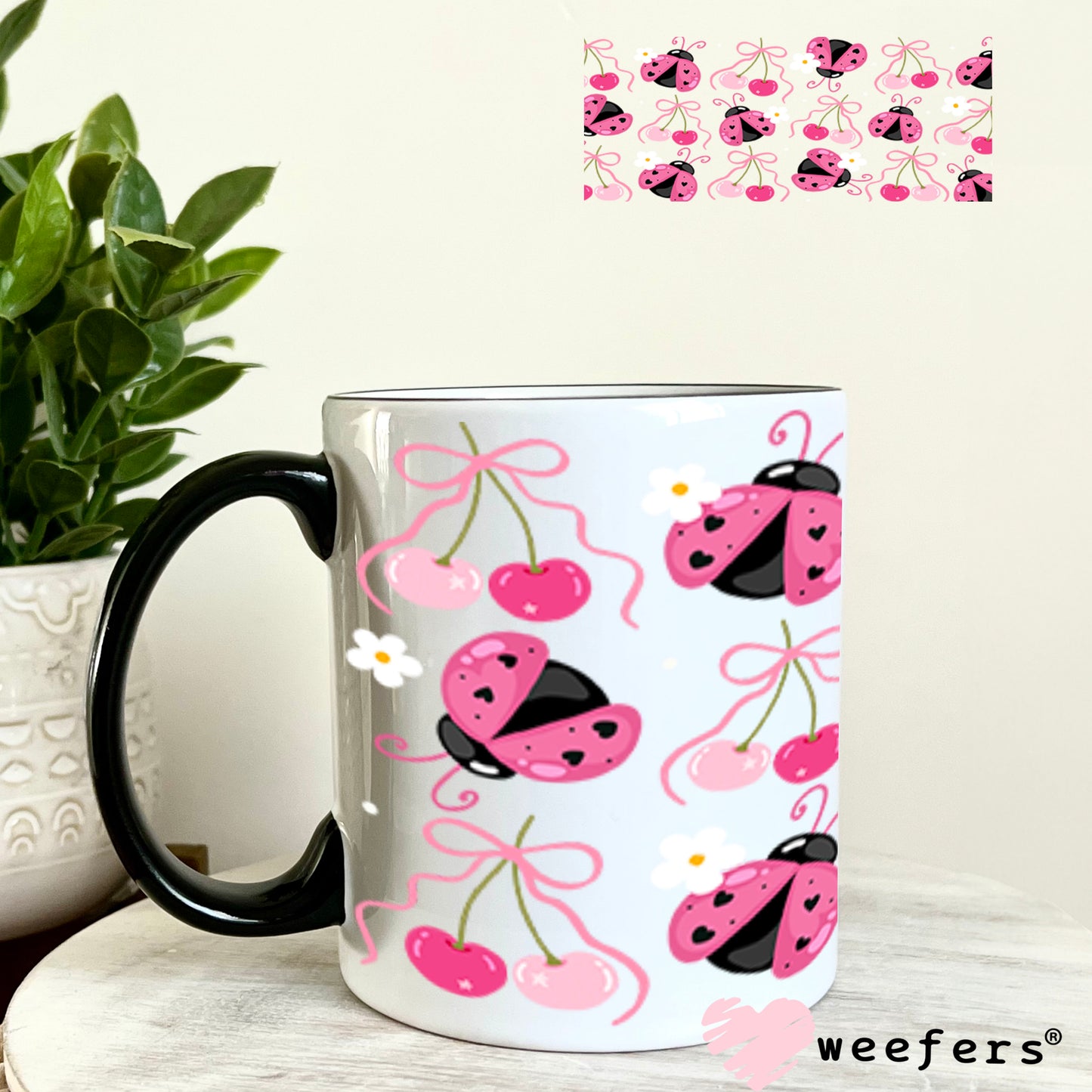 UV DTF Cup Wrap – Pink Ladybugs 11oz Coffee Mug Weefers