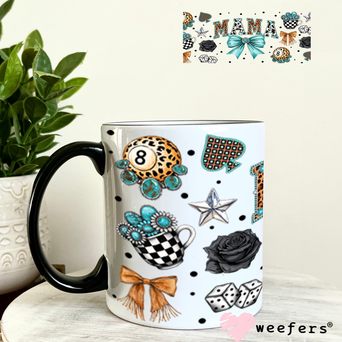 UV DTF Cup Wrap – Mama Western Teal Bow - Weefers Exclusive 11oz Coffee Mug Cup Wrap Weefers