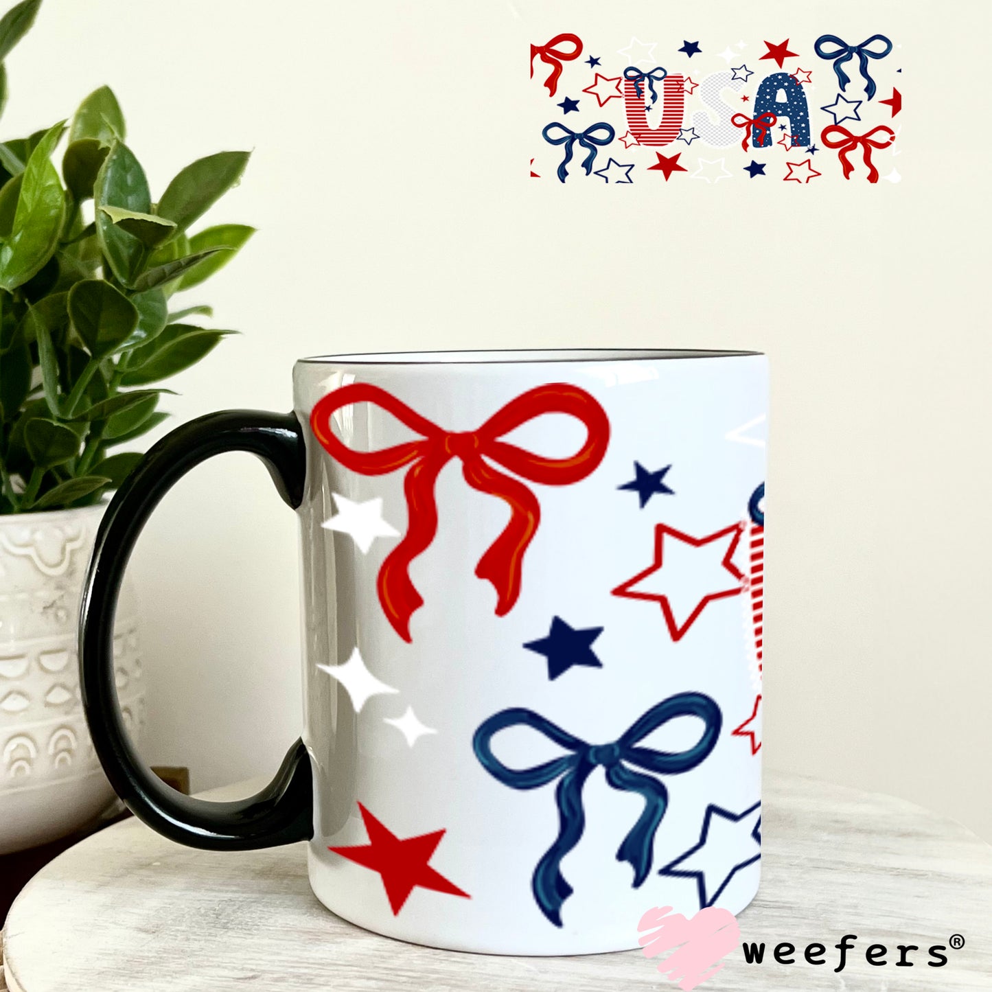 UV DTF Cup Wrap – USA Red White Blue Bows 11oz Coffee Mug Weefers