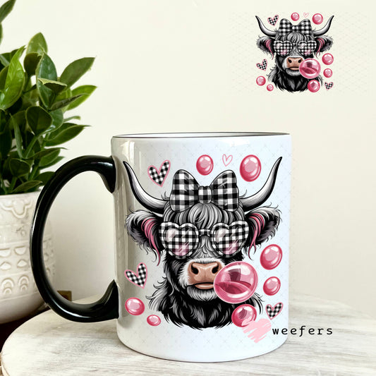 UV DTF Decal - Black and Pink Cow Bubbles 11oz Coffee Mug Weefers