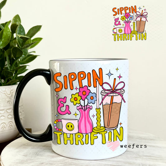 UV DTF Decal - Sippin and Thriftin 11oz Coffee Mug Weefers