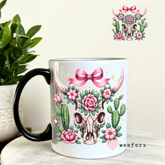UV DTF Decal - Teal Cow Skull 11oz Coffee Mug Weefers