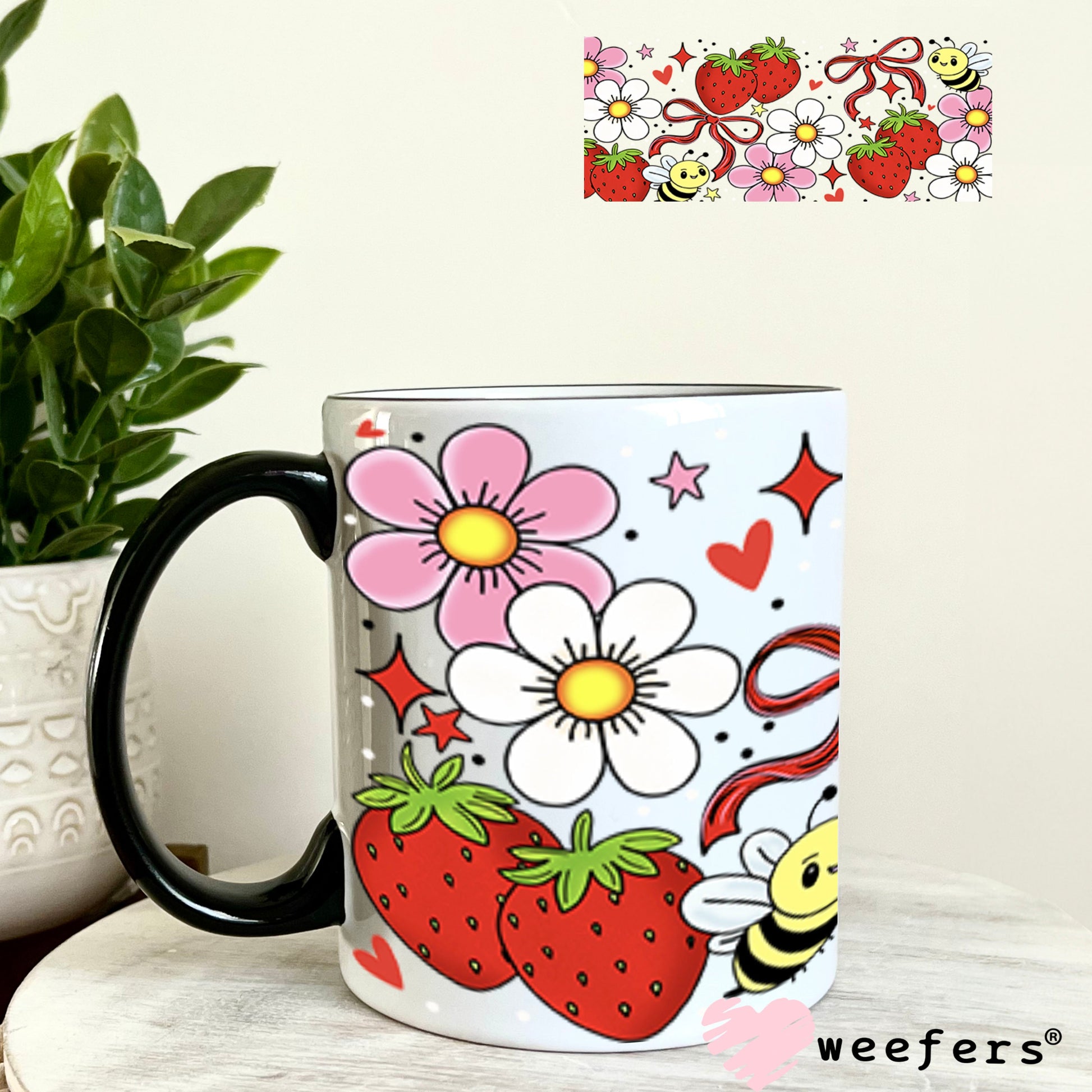 UV DTF Cup Wraps - Sweet Strawberries and Bees 11oz Coffee Mug Weefers