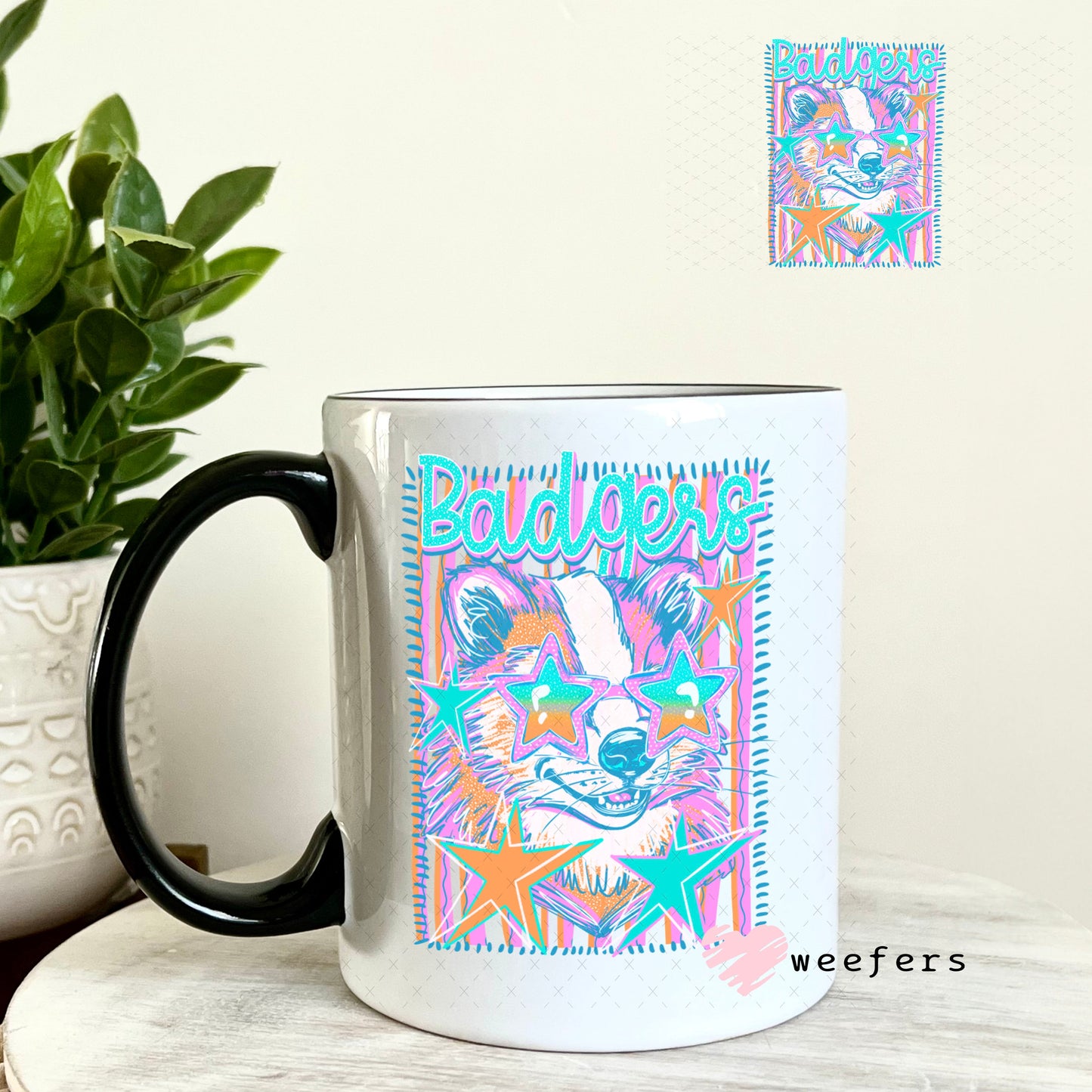UV DTF Decal - Badgers Colorful Mascot 11oz Coffee Mug Weefers