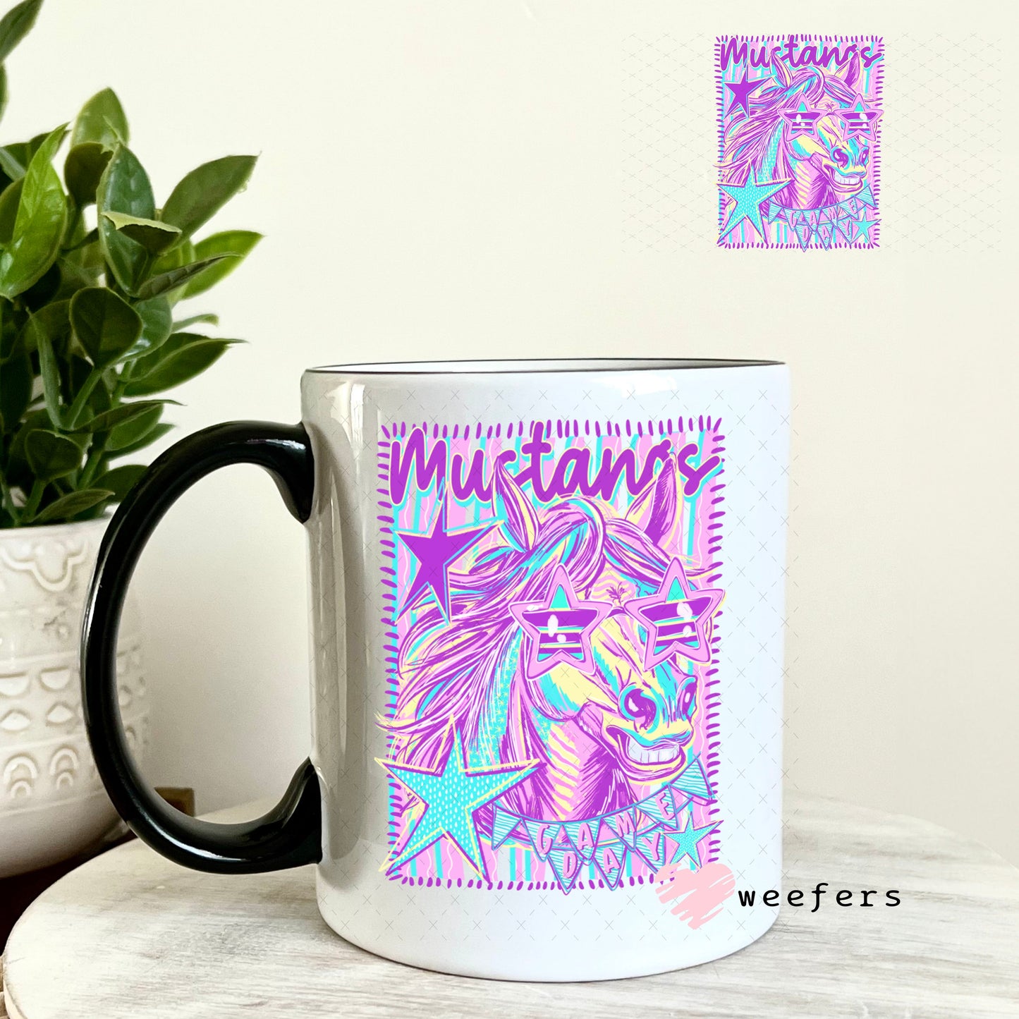 UV DTF Decal - Mustangs Game Day Colorful Mascot 11oz Coffee Mug Weefers