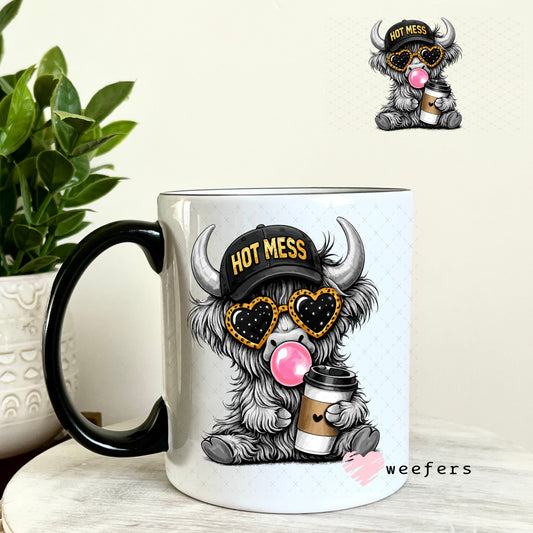 UV DTF Decal - Hot Mess Coffee Highland Cow 11oz Coffee Mug Weefers