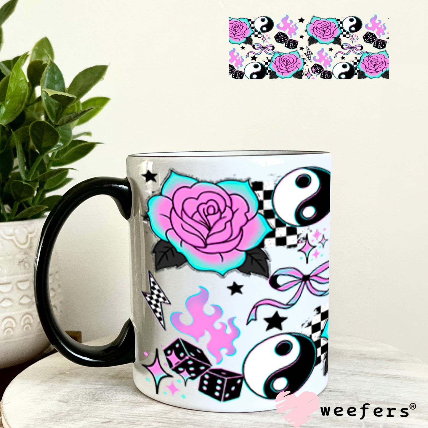 UV DTF Cup Wraps - Ying Yang Purple Teal Roses 11oz Coffee Mug Weefers