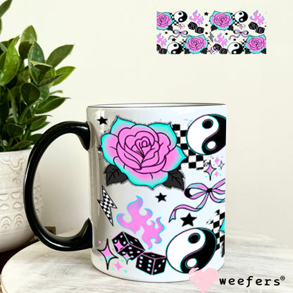 UV DTF Cup Wraps - Ying Yang Purple Teal Roses 11oz Coffee Mug Weefers