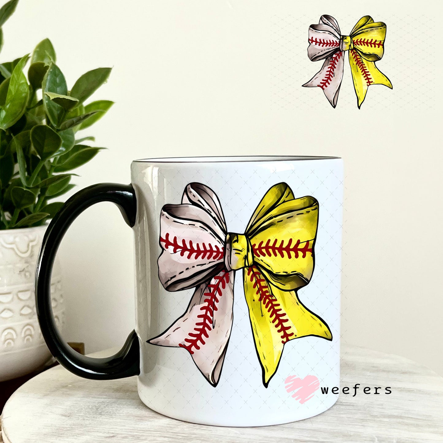 UV DTF Decal - Baseball Softball Bow 11oz Coffee Mug Weefers