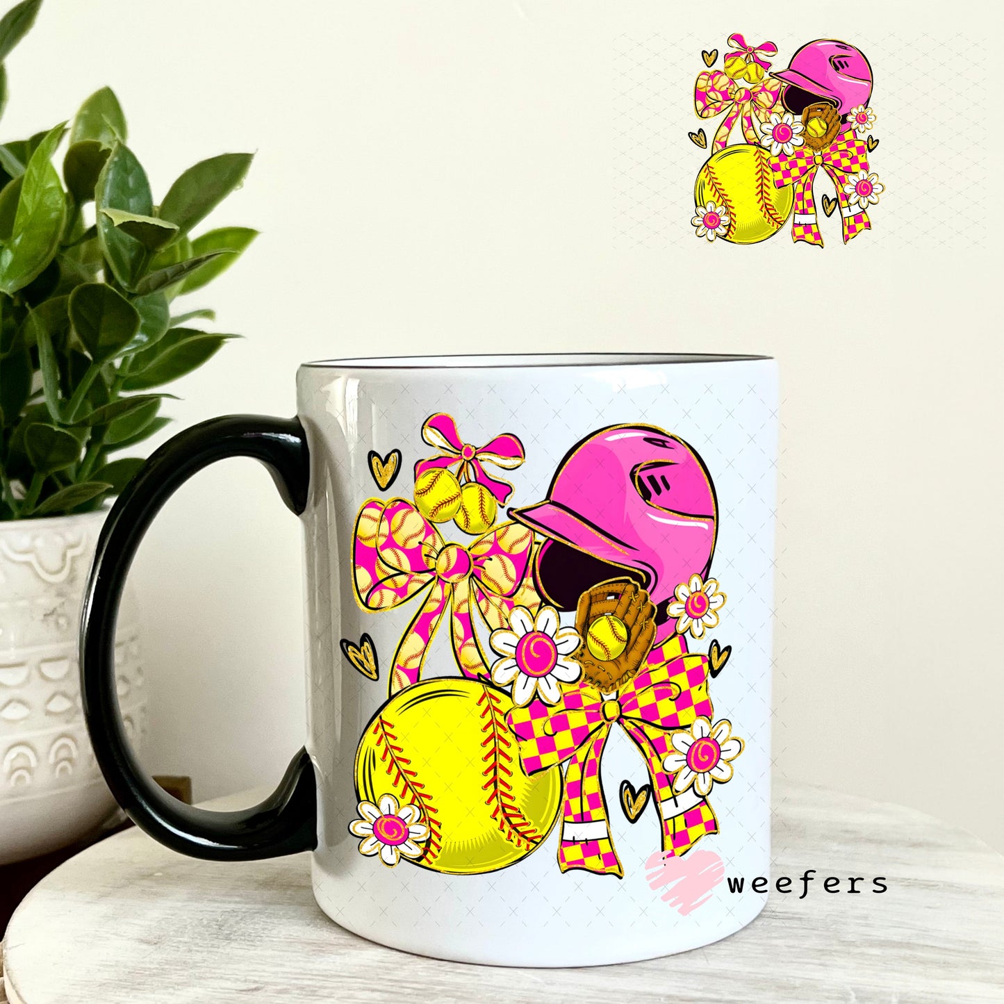 UV DTF Decal - Pink Yellow Sotfball Bows 11oz Coffee Mug Weefers