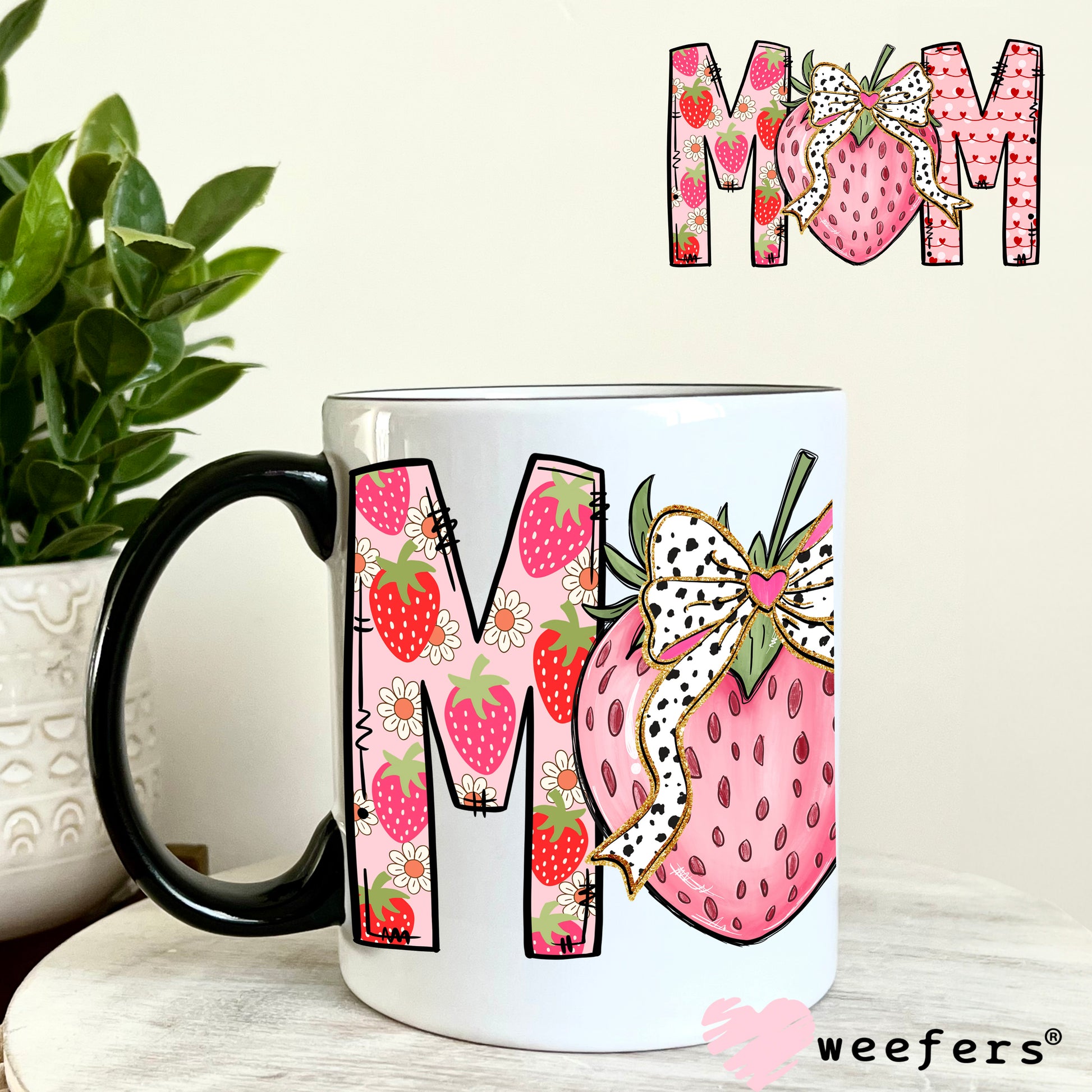 Mom Strawberry Dotted Bow UV DTF 11oz Coffee Mug Decal