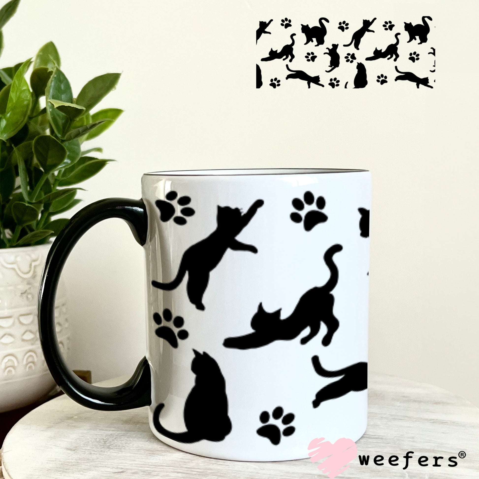 UV DTF Cup Wraps - Black Playful Cats 11oz Coffee Mug Weefers