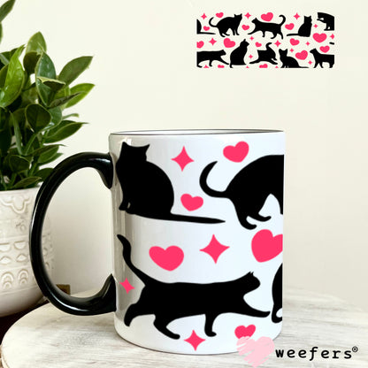 UV DTF Cup Wraps - Playful Black Cats and Hearts 11oz Coffee Mug Weefers