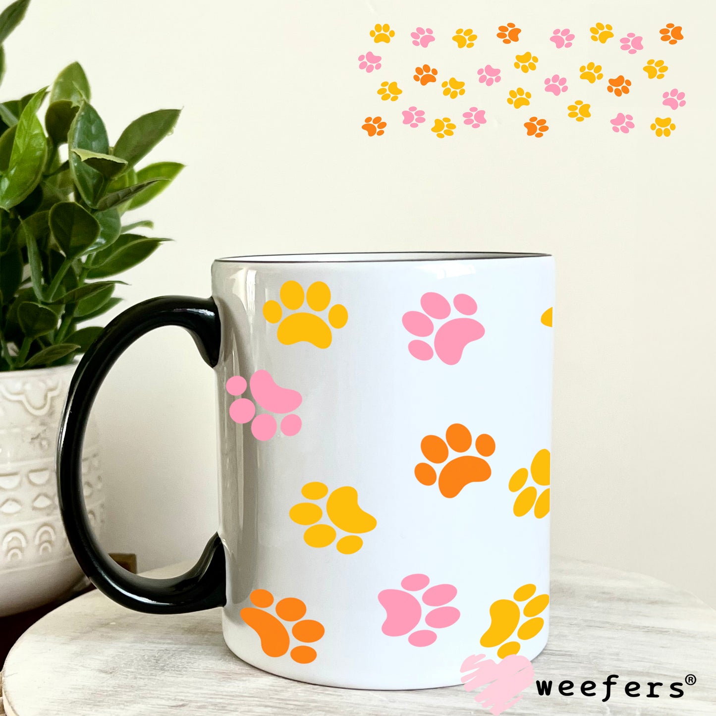 Orange Pink Yellow Dog Paws UV DTF Cup Wrap 11oz Coffee Mug Weefers