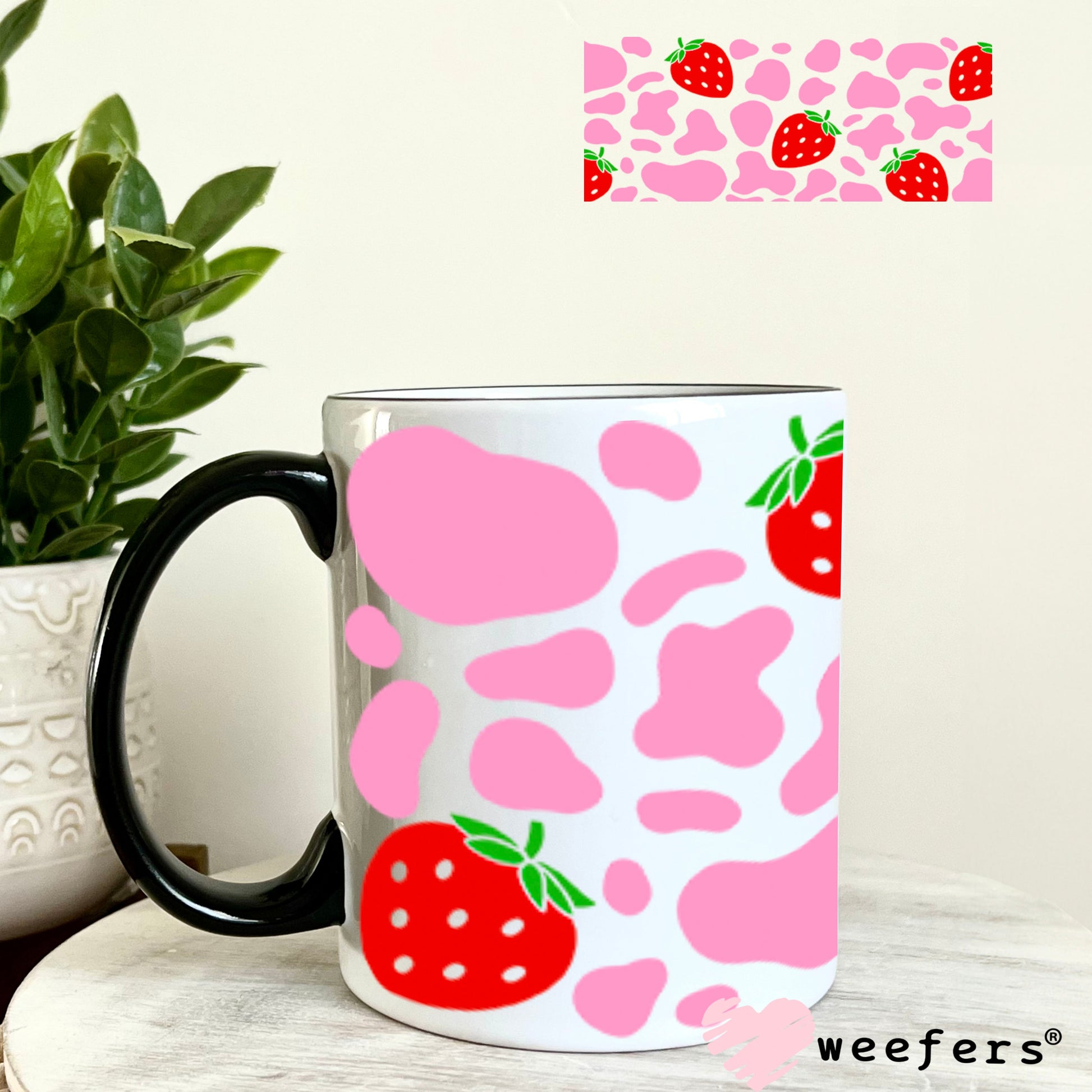 UV DTF Cup Wraps - Pink Cow Print Red Strawberries 11oz Coffee Mug Weefers