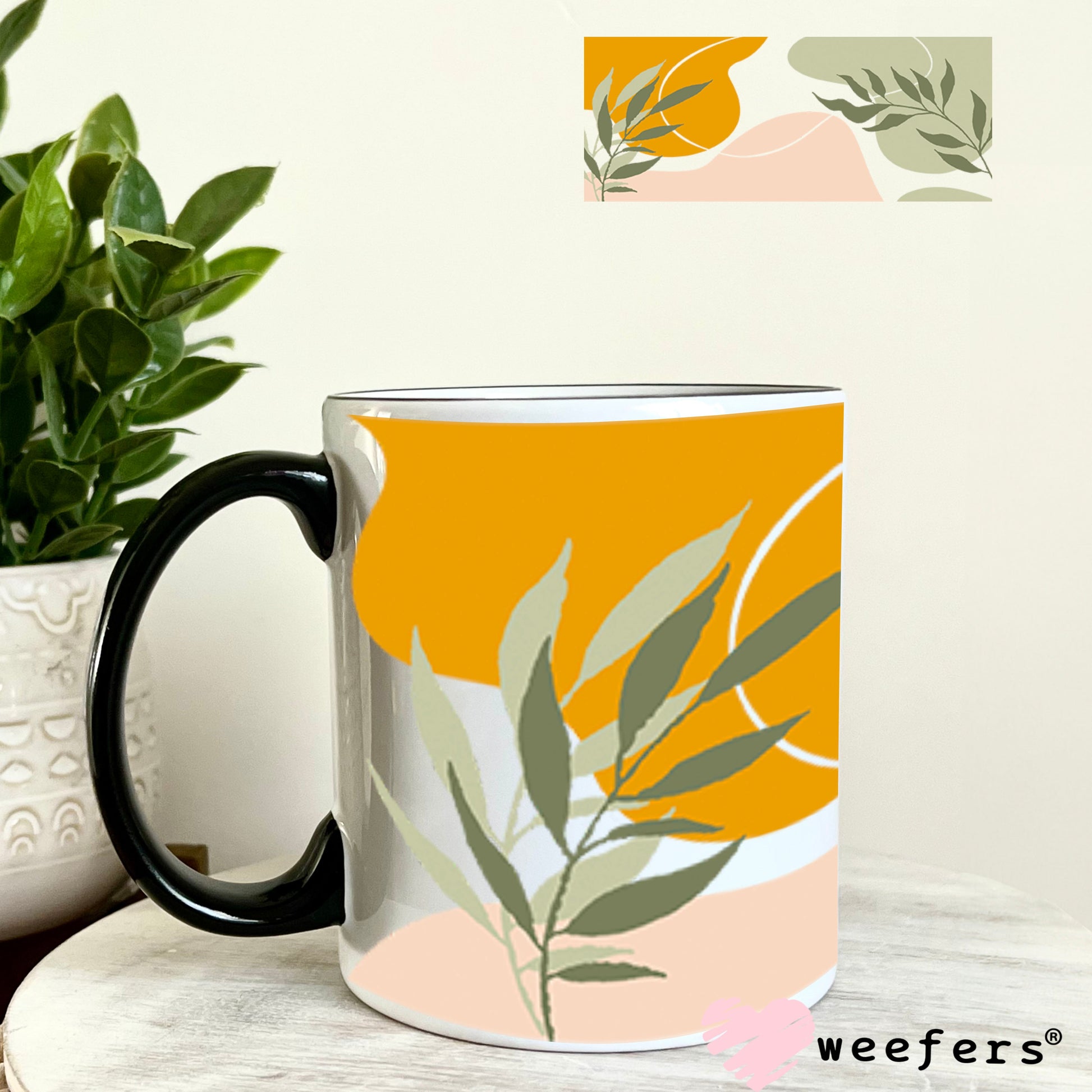 UV DTF Cup Wraps - Abstract Green Orange Leaves 11oz Coffee Mug Weefers