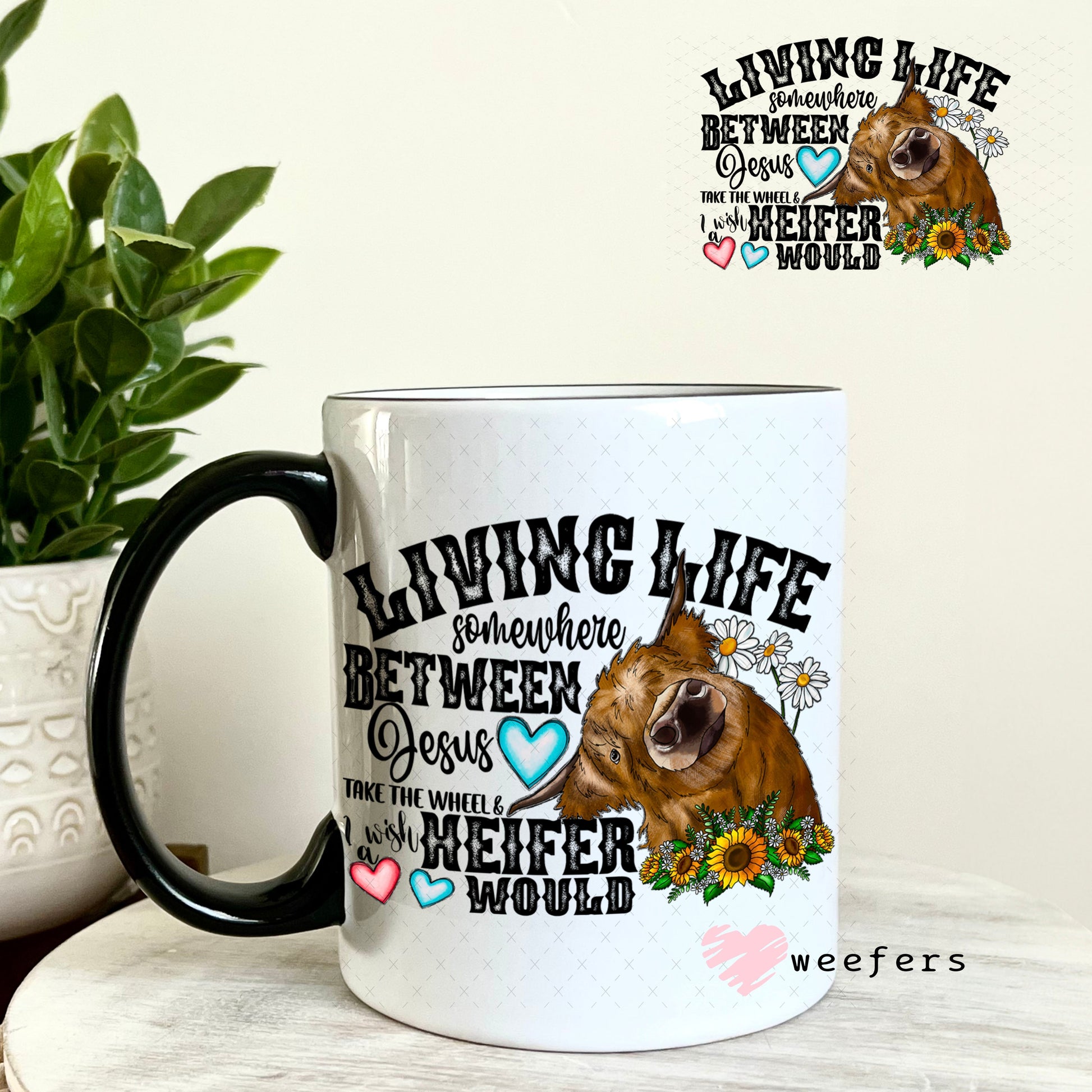 UV DTF Decal - Living Life Somewhere Between Jesus take the wheel 11oz Coffee Mug Weefers