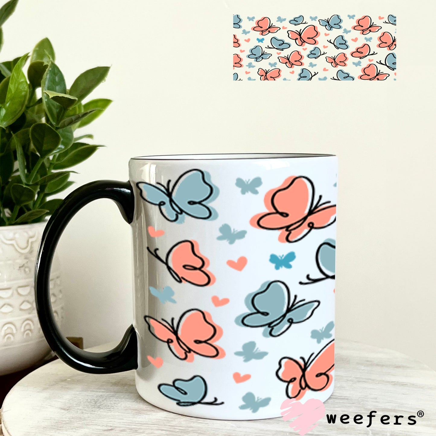 UV DTF Cup Wraps - Peach and Blue Butterflies 11oz Coffee Mug Weefers