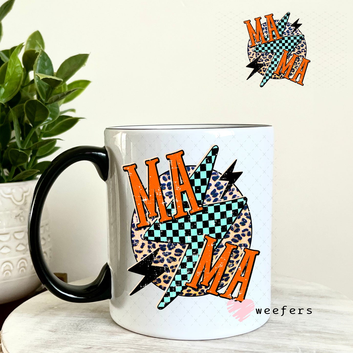 UV DTF Decal - Mama Checkered Lightening Bolt 11oz Coffee Mug Weefers