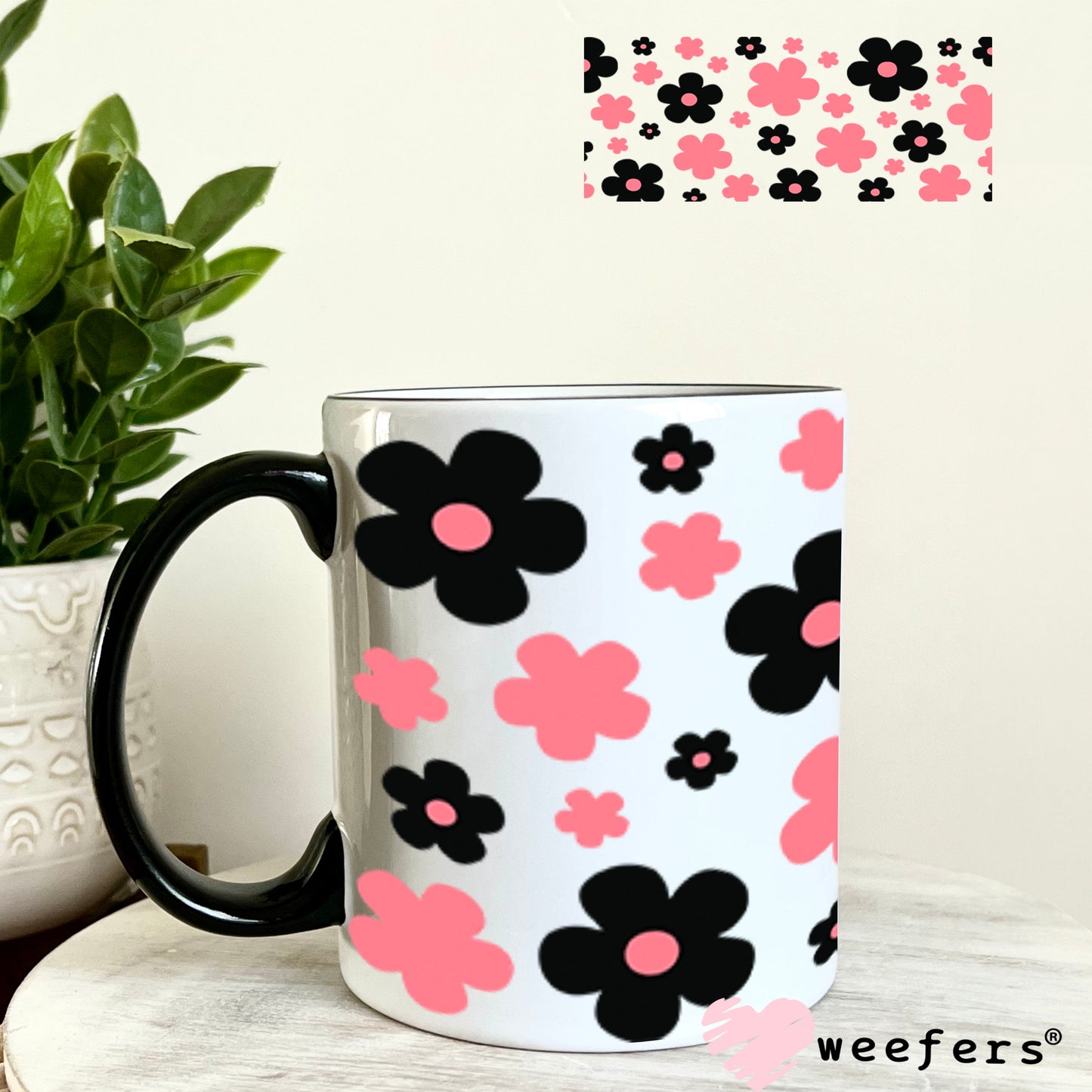 UV DTF Cup Wraps - Black and Pink Daisies 11oz Coffee Mug Weefers