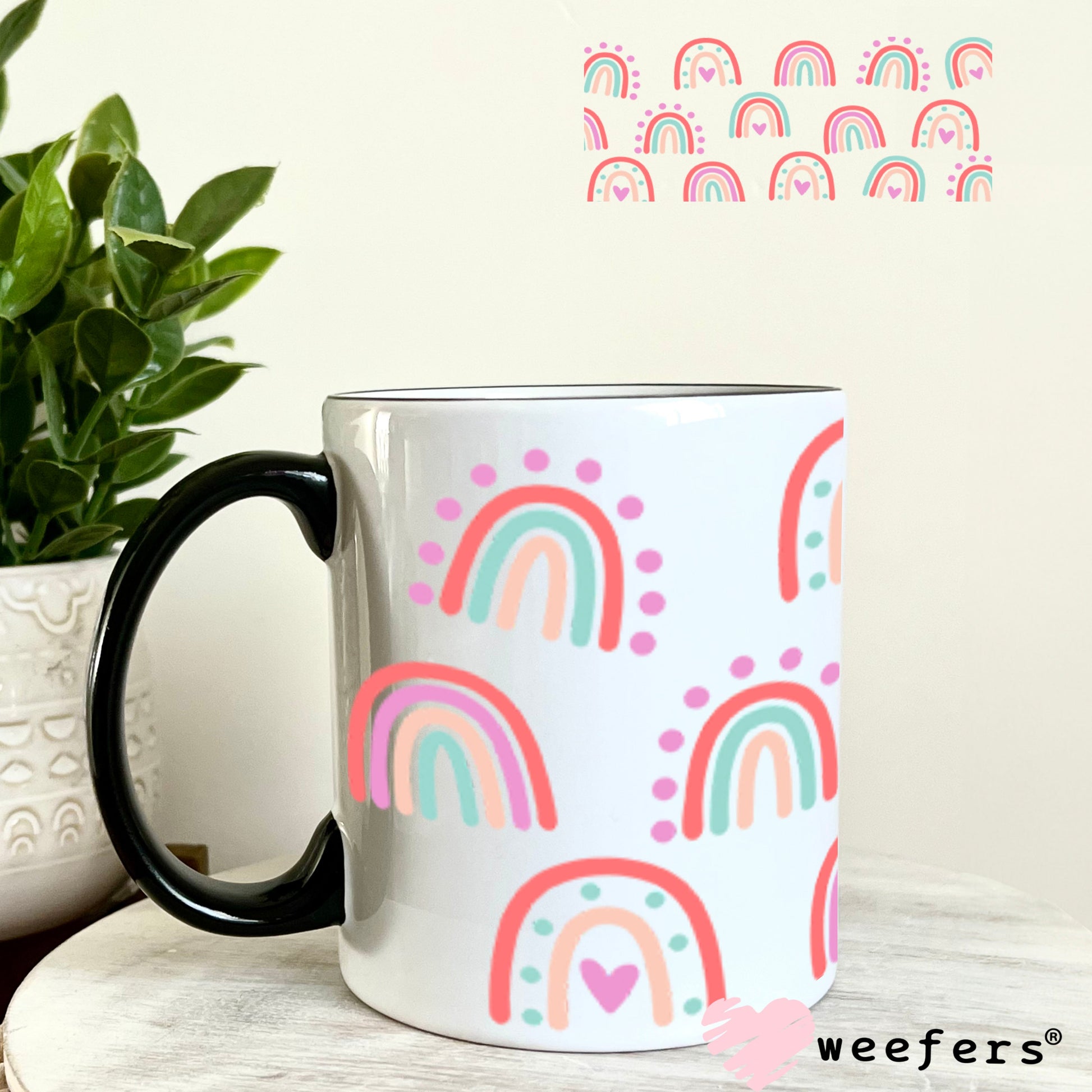 UV DTF Cup Wraps - Boho Rainbows Pink 11oz Coffee Mug Weefers