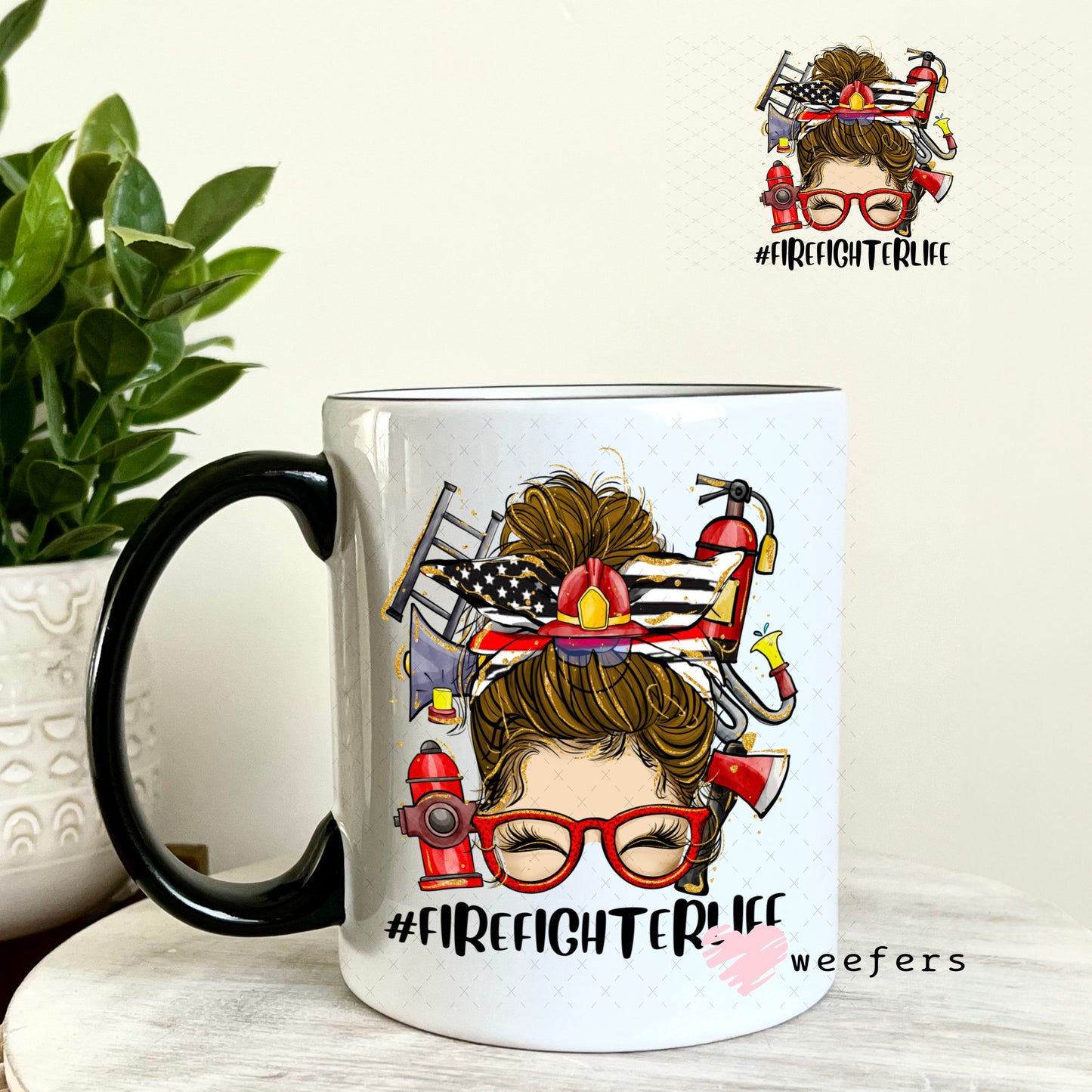 UV DTF Decal - Firefighter Life Woman Messy Bun 11oz Coffee Mug Weefers