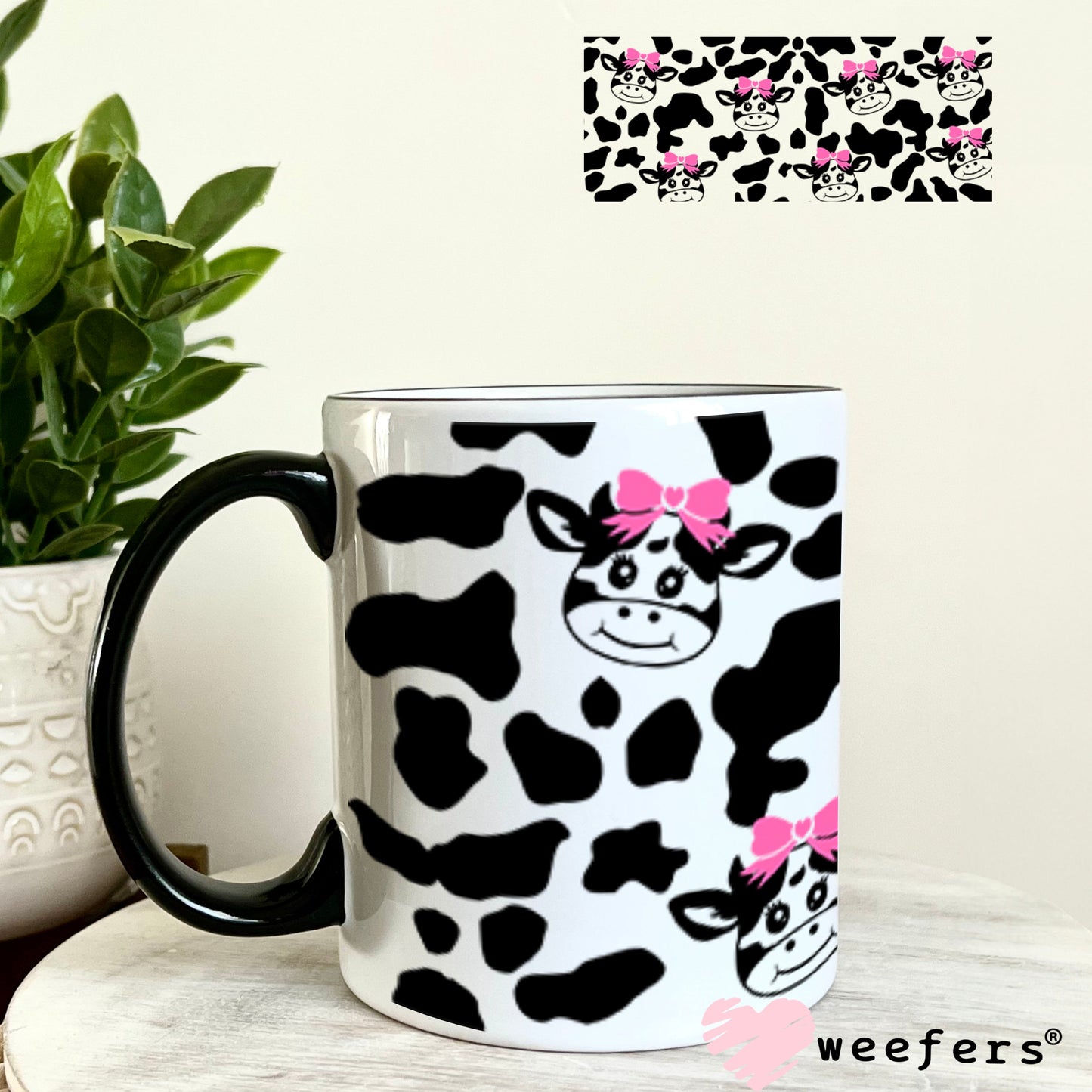 UV DTF Cup Wraps - Cute Pink Bow Cows 11oz Coffee Mug Weefers