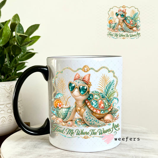 UV DTF Decal - Find Me Where The Waves Are Rhinestone 11oz Coffee Mug Weefers