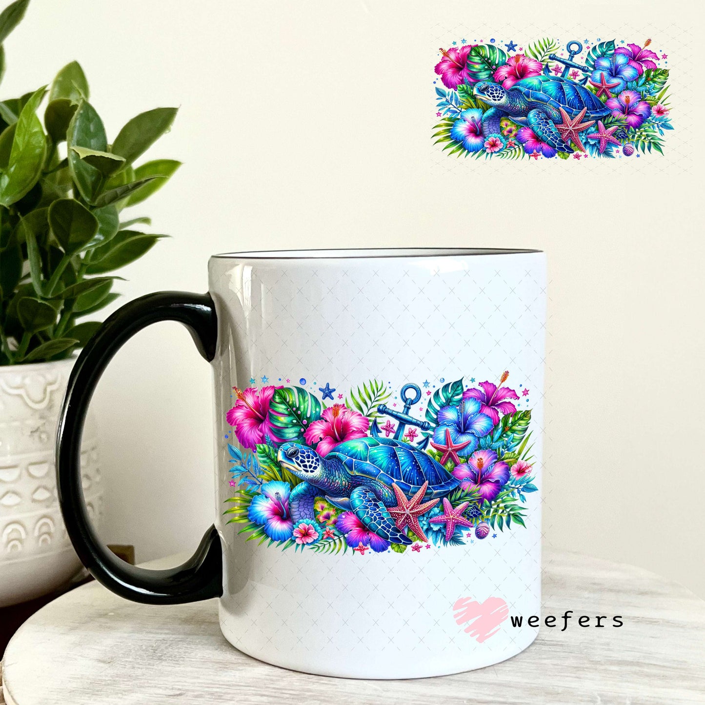 UV DTF Decal - Blue and Magenta Sea Turtle 11oz Coffee Mug Weefers