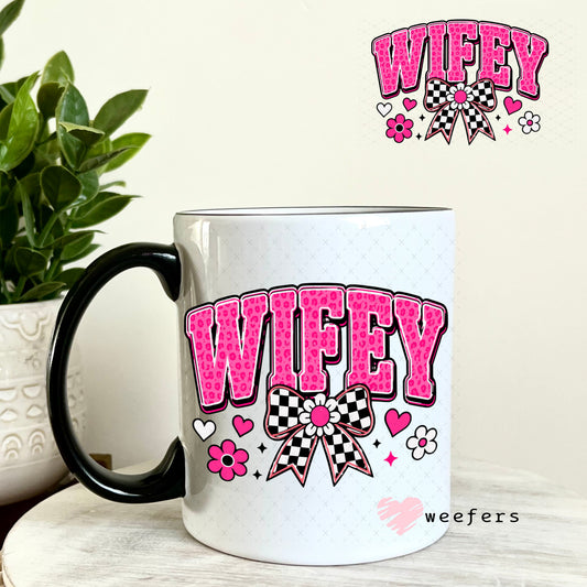 UV DTF Decal - Wifey Pink Black Checkered 11oz Coffee Mug Weefers