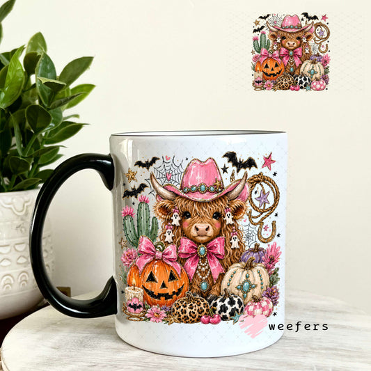 UV DTF Decal - Fall Pink Highland Cow Pumpkins 11oz Coffee Mug Weefers