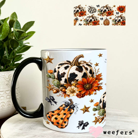 UV DTF Cup Wraps - Fall Cow Print Pumpkins - Weefers® Exclusive 11oz Coffee Mug Weefers