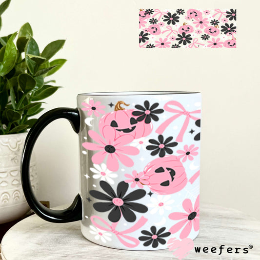 UV DTF Cup Wraps - Pink Grey Halloween Pumpkins 11oz Coffee Mug Weefers