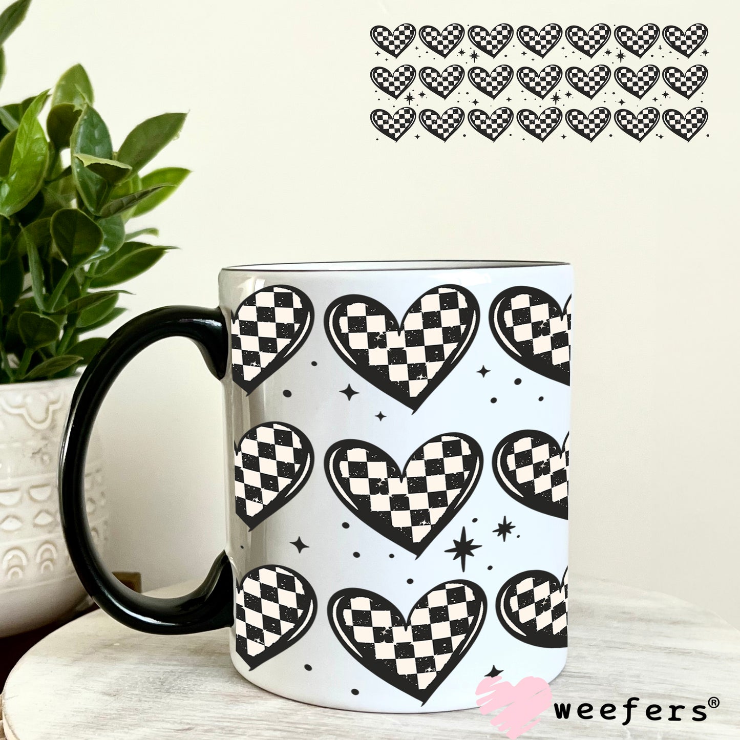 Checkered Hearts UV DTF Cup Wrap 11oz Coffee Mug Weefers