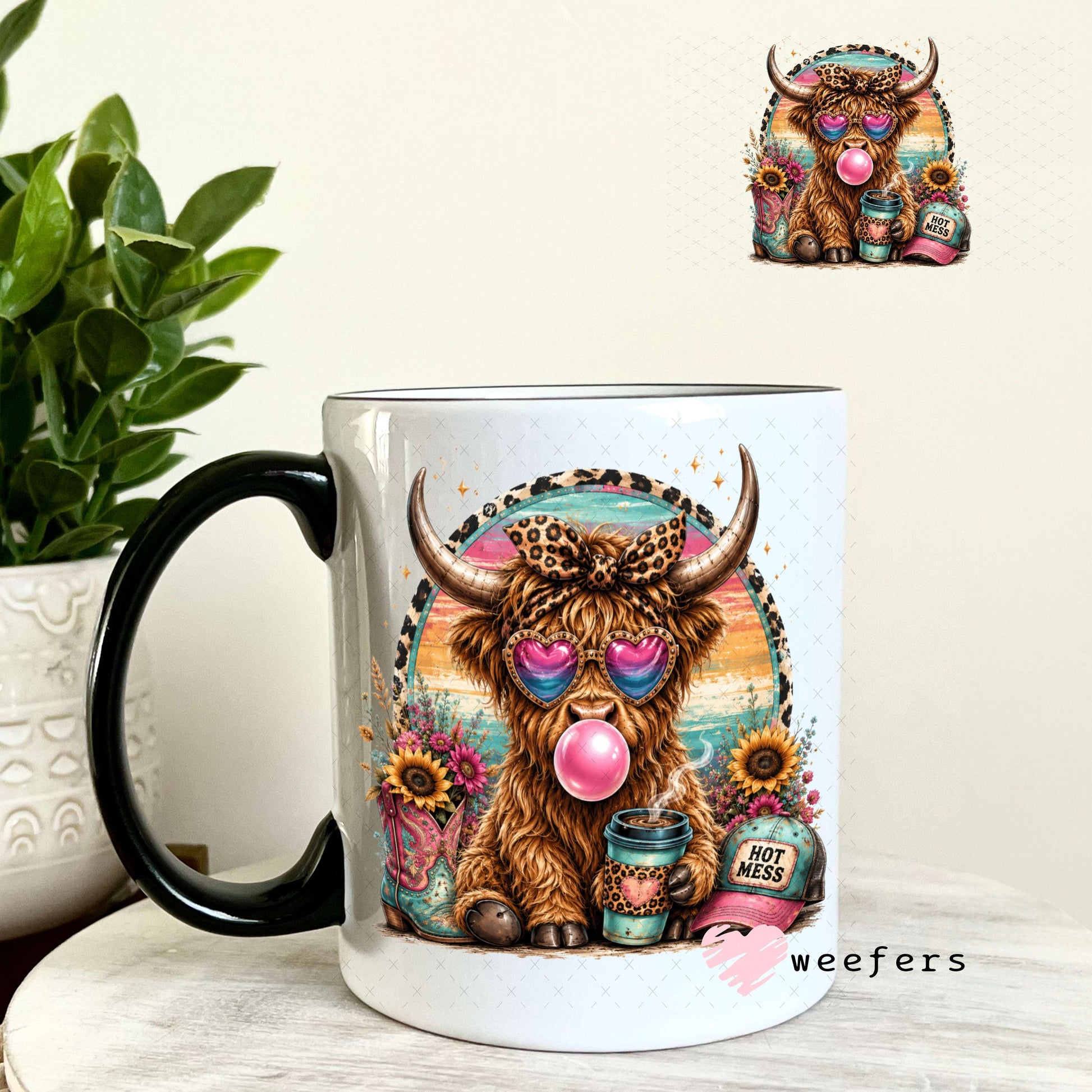UV DTF Decal - Hot Mess Teal Pink Cow 11oz Coffee Mug Weefers
