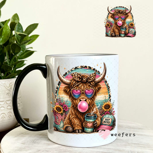UV DTF Decal - Hot Mess Teal Pink Cow 11oz Coffee Mug Weefers