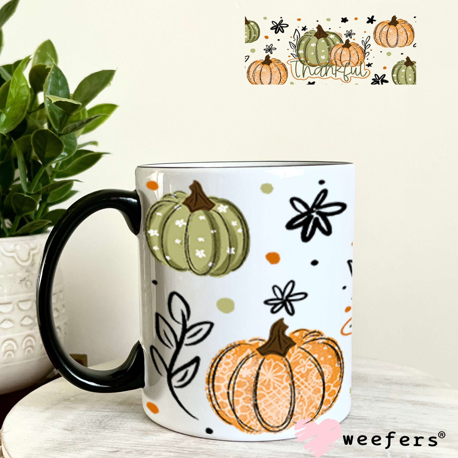UV DTF Cup Wraps - Thankful Green Orange Pumpkins 11oz Coffee Mug Weefers