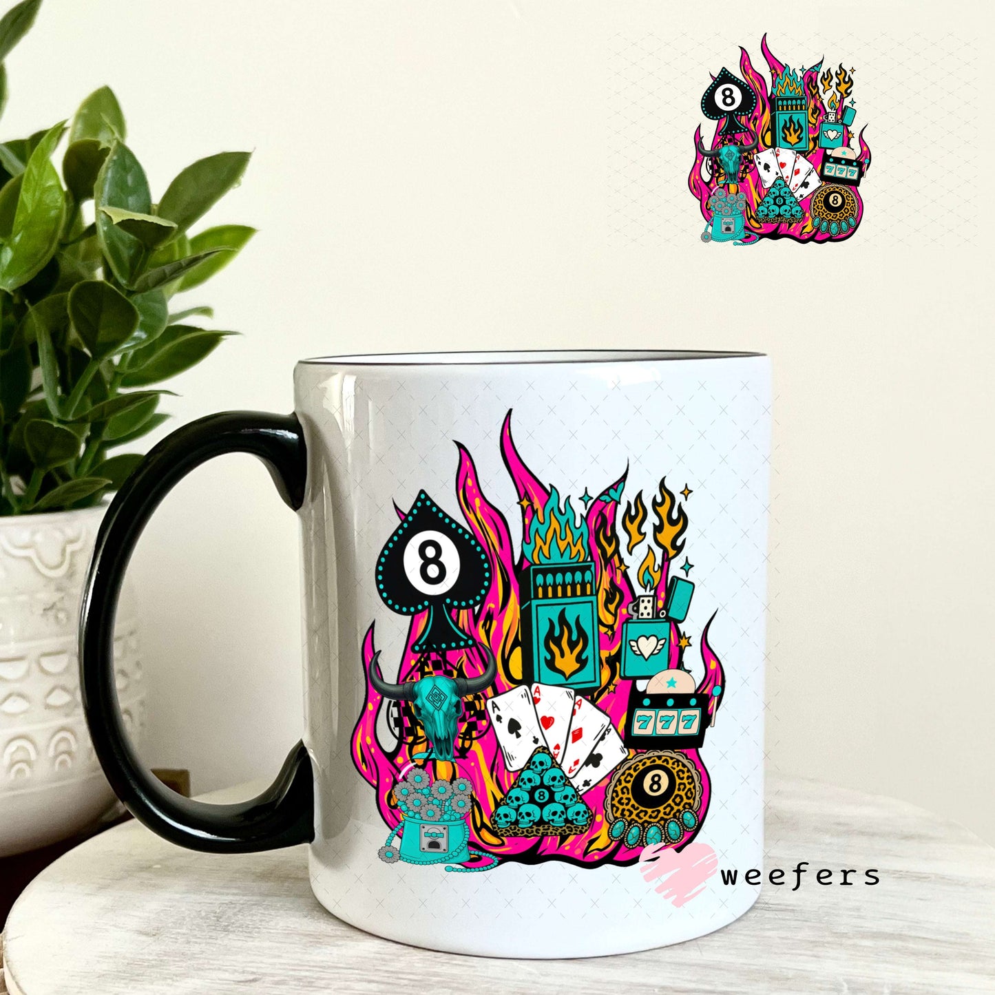 UV DTF Decal - Magenta Western Fire Collage 11oz Coffee Mug Weefers
